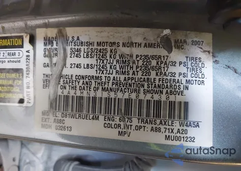 2007 Mitsubishi Endeavor Se из США, поврежденный, VIN 4A4MN31S57E074301